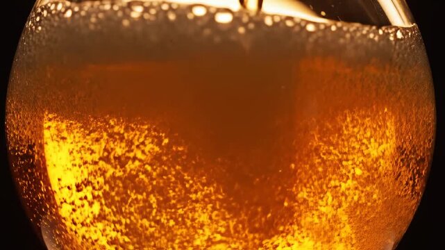 Golden Amber Pour Macro liquid splash with bubbles for beverage ads.