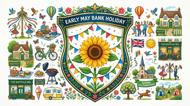 Early May Bank Holiday UK, colorful illustration