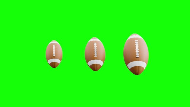 3 Pulsing American Football Balls, Loading Loop Animation. Green Screen Chroma Key, Black and White Background