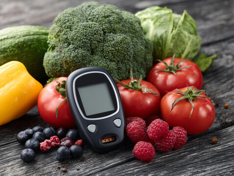 Fresh vegetables and berries beside glucose monitor