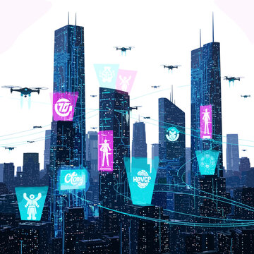 Futuristic city skyline with drones and digital displays