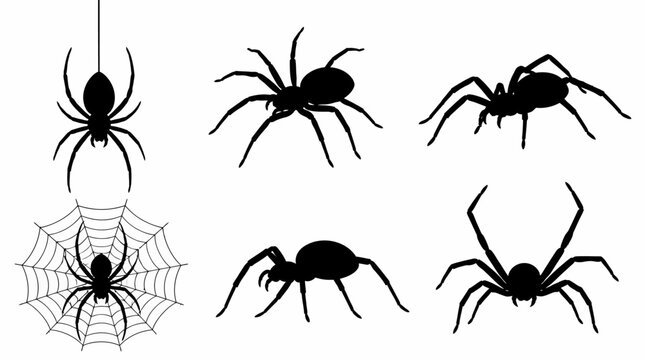 Set of isolated black spider silhouettes on a white background