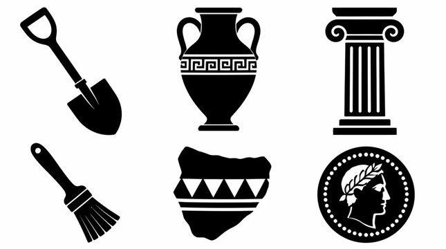 Archaeology icons set with tools and ancient historical artifacts