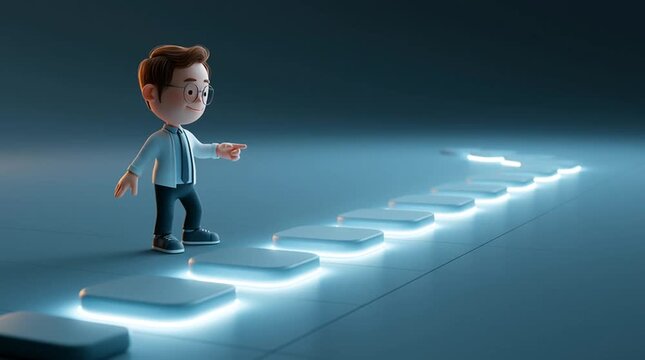 A consultant points to a giant roadmap stretching across the floor as milestones glow one by one in a smooth looping presentation animation with a clean corporate style.