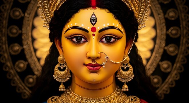 Divine Hindu Goddess Durga Devi Portrait Adorned with Majestic Golden Traditional Jewelry