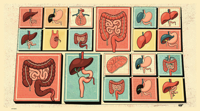 Digestive System Organ Collage: Liver, Stomach, Intestines, Pancreas