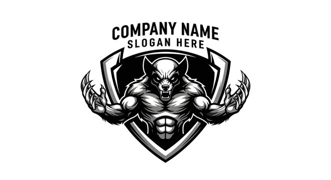 Mascot Logo: Muscular Wolf Warrior, Shield Emblem, Company Name