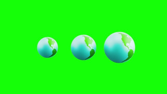 3 Pulsing Earth Planets, Loading Loop Animation. Green Screen Chroma Key, Black and White Background