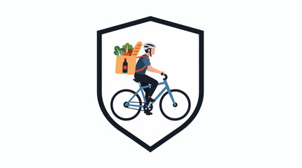 Fototapeta premium Delivery cyclist with groceries in shield logo, food service icon