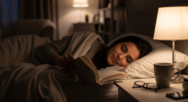 Young woman reading an interesting book in bed at night before sleeping