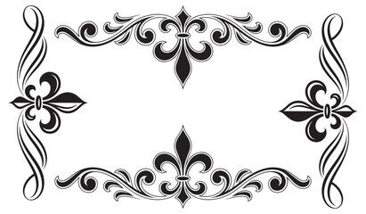 Fleur de Lis Ornamental Page Frame, Vintage Victorian Border Design with Decorative Corner Ornaments, Black and White Vector Line Art Frame © Ibrahim