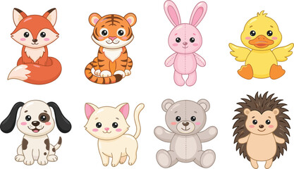 Fototapeta premium Cute Baby Animals and Plush Teddy Bear Toys Vector Illustration Character Set