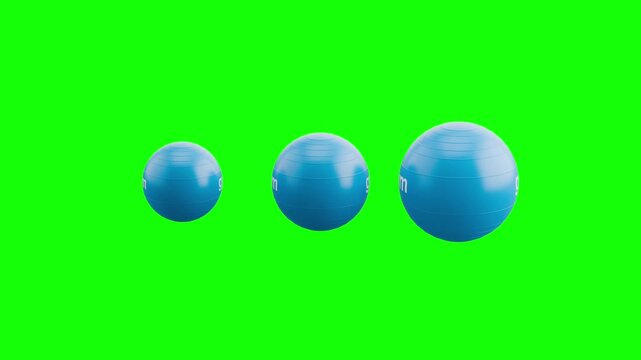 3 Pulsing Fitness Balls, Loading Loop Animation. Green Screen Chroma Key, Black and White Background