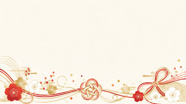 Elegant red and gold mizuhiki cords tied in auspicious knots with plum blossoms, japanese new year and good fortune flat design illustration banner with copy space