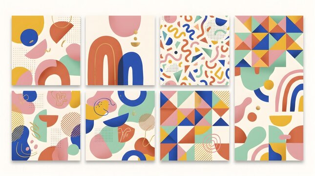 Geometric pattern art, colorful abstract shapes, modern decorative tiles, wall design elements