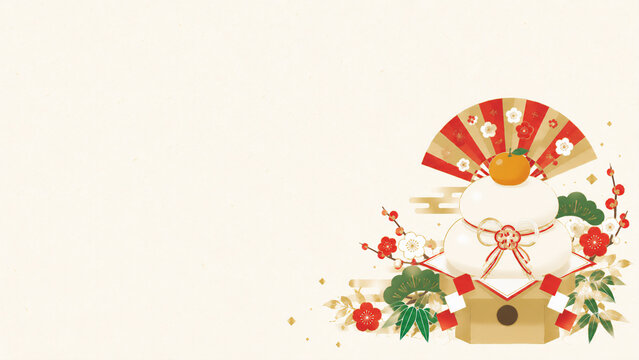 Traditional kagamimochi rice cake with orange and decorative fan, japanese new year tradition flat design illustration banner with copy space