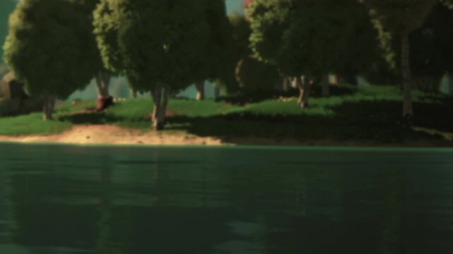 A clear view shows green trees lining the edge of a body of water. The sun is shining overhead, creating reflections in the calm water. The scene is quiet and natural.