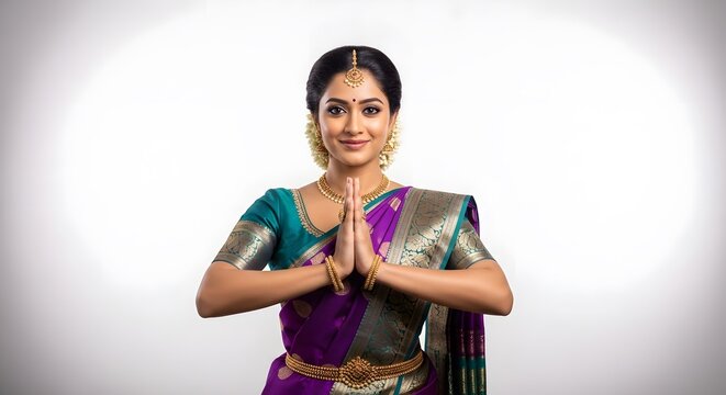 Beautiful Indian Woman in Traditional Purple Silk Saree Performing Namaste Greeting