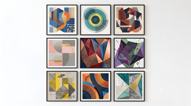 Abstract art prints, colorful geometric shapes, framed pictures, modern wall decor, 9 piece art set