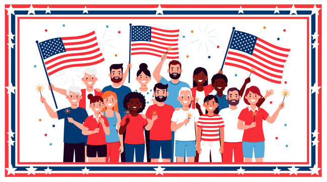 Diverse group celebrating with American flags