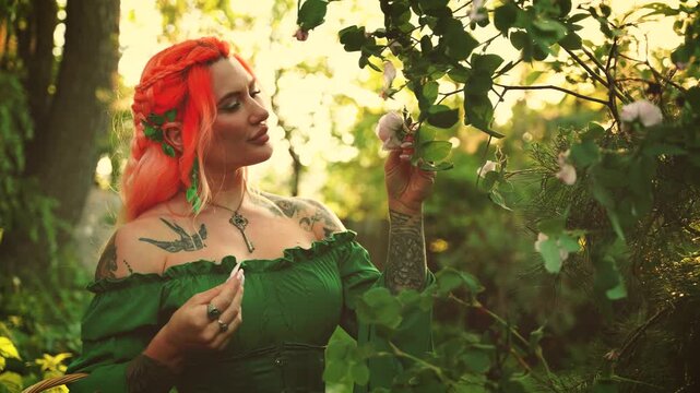 Fantasy happy woman hand touching pink tea rose looking at plants with love care calm. fairy elf girl herbalist healer inhales sniffs aroma flower bud in garden green foliage trees bush summer nature