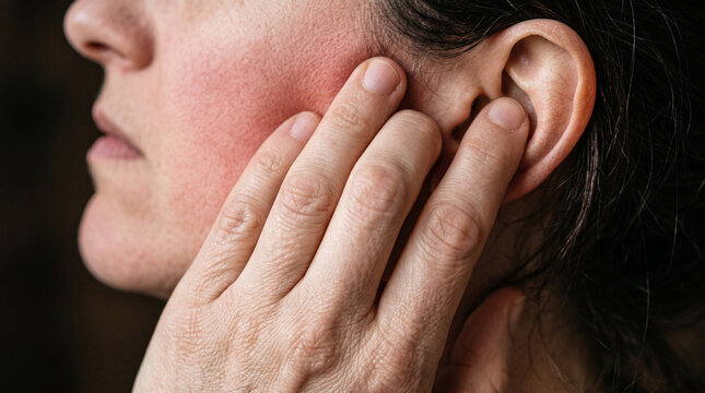 Close-up of a stressed woman suffering from severe jaw pain and TMJ disorder, holding her hand to a red inflamed cheek and ear area in discomfort