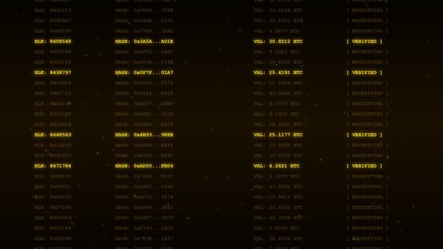 Cryptocurrency blockchain transaction ledger scrolling upwards with yellow hash data codes and BTC values on a dark monitor