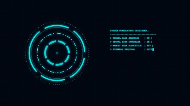 Futuristic HUD interface displaying system diagnostics and boot sequence text on screen