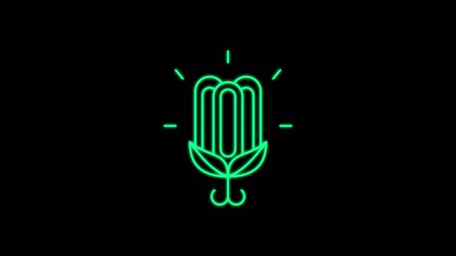 Green energy glowing neon lineart with alpha channel on transparent background. 4k motion graphic. Renewable Energy Icon Set Animation. Suitable for environment content.