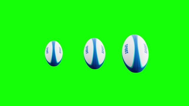 3 Pulsing Generic Rugby Balls, Loading Loop Animation. Green Screen Chroma Key, Black and White Background