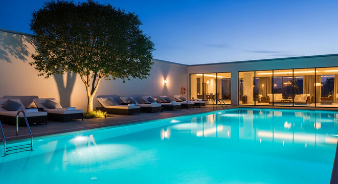 Illuminated swimming pool and lounge chairs by a modern building at dusk, symbolizing relaxation, luxury, and vacation escape