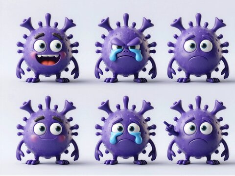 Purple Spherical Microbe Six Pose Expression Sheet