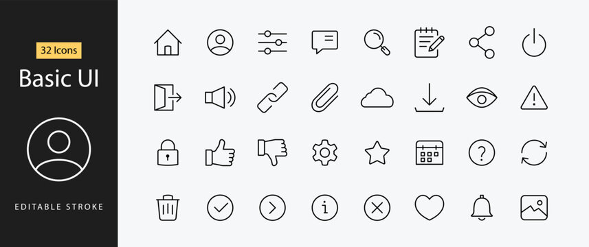 Basic UI icon set with essential web interface symbols user profile home settings and navigation with editable line stroke