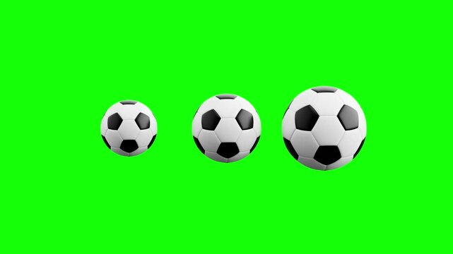 3 Pulsing Soccer Balls, Loading Loop Animation. Green Screen Chroma Key, Black and White Background