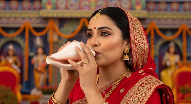 Devout Indian Woman in Red Saree Blowing Auspicious Conch Shell during Traditional Ceremony