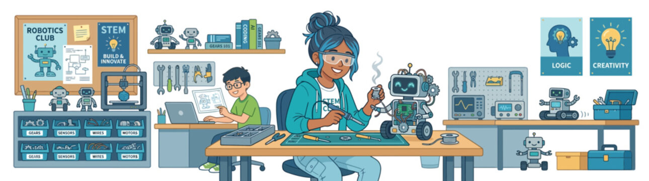 Children building robots in a STEM classroom, learning, innovation, and technology