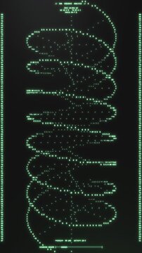 Vertical DNA sequence analysis on a terminal interface with animated helix and genome scanning readout, cinematic green ASCII style for science and biotech marketing content