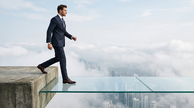 Businessman stepping onto a transparent glass bridge over a misty void, representing corporate trust and strategic risk management.