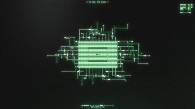 PCB signal trace analysis of a glowing CPU chip with circuit pathways and live metrics in terminal style, cinematic backdrop for technology and hardware promos
