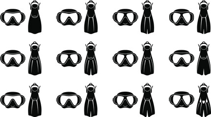 Scuba diving mask and fins collection underwater snorkeling equipment swimming water sports gear black silhouettes icons set vector © Firoz