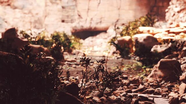 Plants and rocks cover the ground in a neglected space near old stone walls. Sunlight filters through, highlighting the natural details of the surroundings.