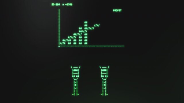 Two ASCII stick figures celebrate soaring profit beside a climbing chart amid falling dollar symbols, playful terminal animation for finance and startup promos