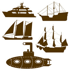 Brown Ship and Submarine Silhouettes Set, Vintage Sailboat and Luxury Yacht Vector Icons on Transparent Background © Md Shoaib