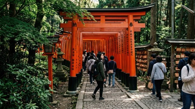 Vibrant Orange Torii Gates Path Lined with Lush Greenery and Tourists.