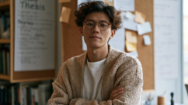 Vietnamese graduate student staring at a half finished thesis outline on a corkboard arms crossed jaw tight retreating to scroll social media rather than tackling the next chapter