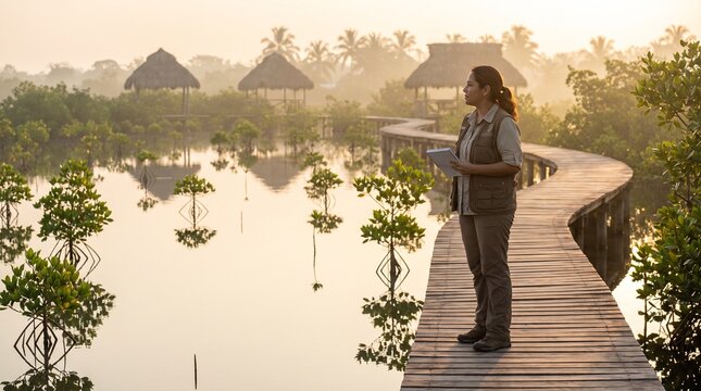 Female designer inspecting wooden walkways in a tropical mangrove fore