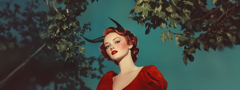 Woman with devil horn as vintage demoness for Halloween project. Retro style portrait of girl in costume with red dress. Banner with copy space