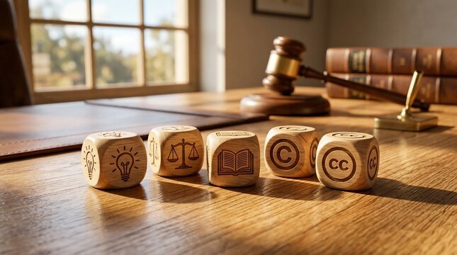 Intellectual property law concept with wooden dice, copyright and creative commons symbols on lawyer desk, legal justice gavel background