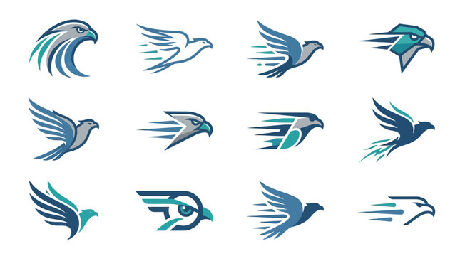 Elegant Collection of Modern Minimalist Eagle and Bird Logos in Blue and Teal Color Schemes with Dynamic Flight Motion