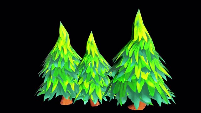 Stylized low poly pine trees on black background, vibrant green cartoon forest evergreens, 3D rendered coniferous fir tree set for game design